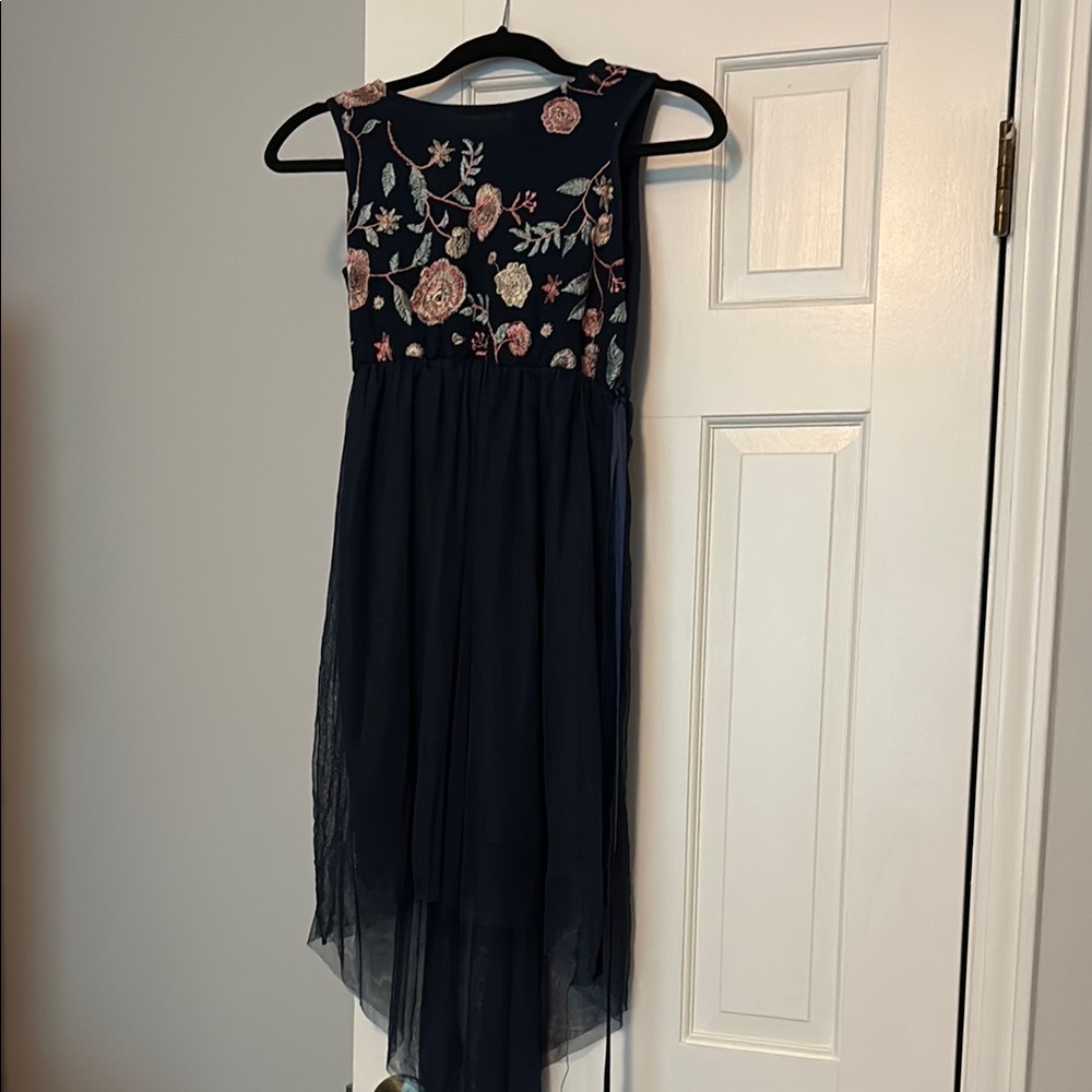 Charming Floral Embroidered Kids Dress in Navy